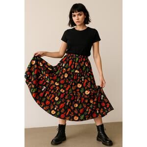 Maxi Skirt Size L Black Mushroom Fruit Leaf Print Tiered Cottagecore Whimsy Boho